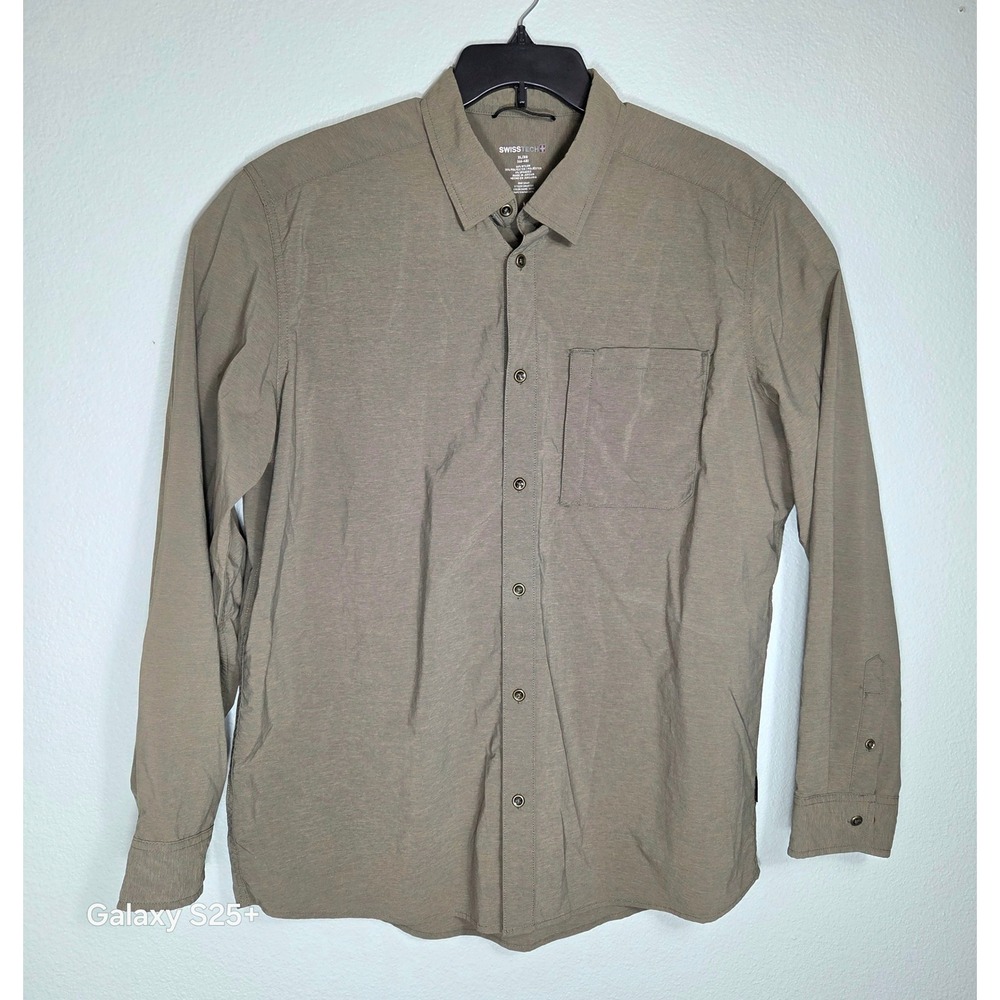 Swiss Tech Mens XL Long Sleeve Button Down Shirt Dove Brown  Stretch Hiking